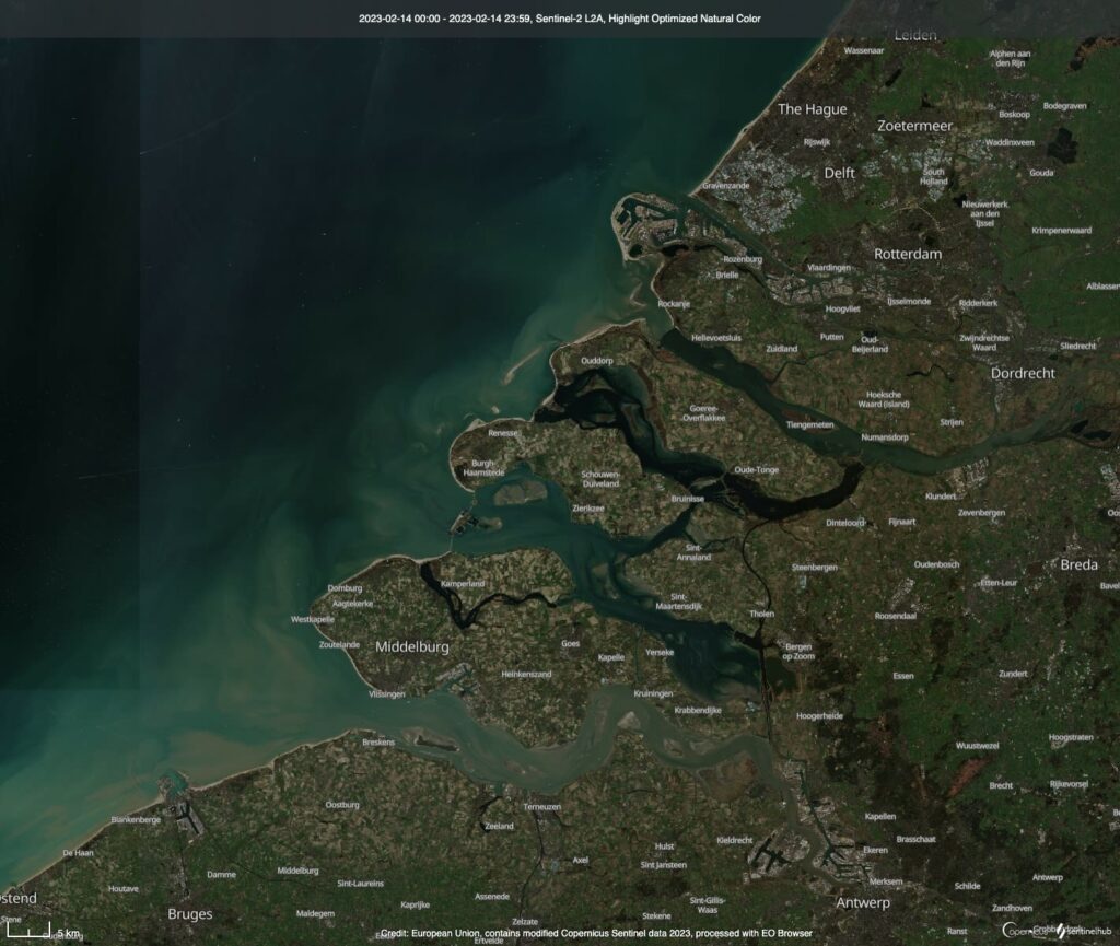 ECMWF and Deltares Use Case will develop a coastal forecasting and climate adaptation tool. A view from space of the Rhine-Meuse-Scheldt delta where Deltares has its headquarters.
