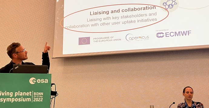 Stijn Vermoote during a presentation on CAMS and C3S as part of ECMWF's representation in the Living Planet Symposium.