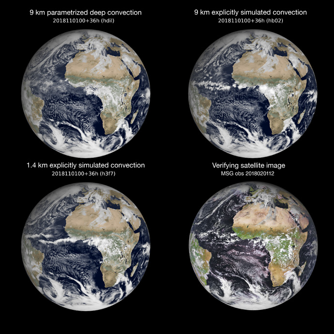 Simulated visible satellite images of global weather and climate simulations of the 9 km simulations and 1 km simulations. 