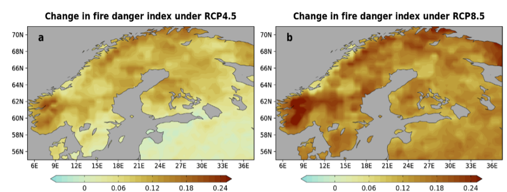 Illustration of the projected change in fire danger index. This application of the Climate Change Adaptation Digital Twin enhances understanding of wildfire risk.
