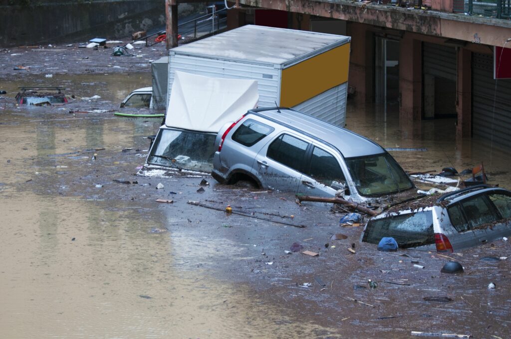 Cars caught in a flood. Destination Earth partners also include applications like flood forecasting.