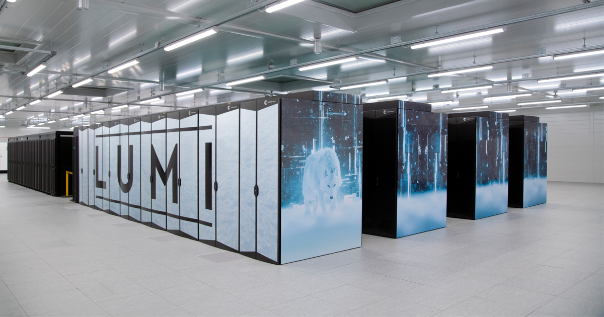 LUMI supercomputer in Kaajani, Finland. Destination Earth Climate change digital twin.