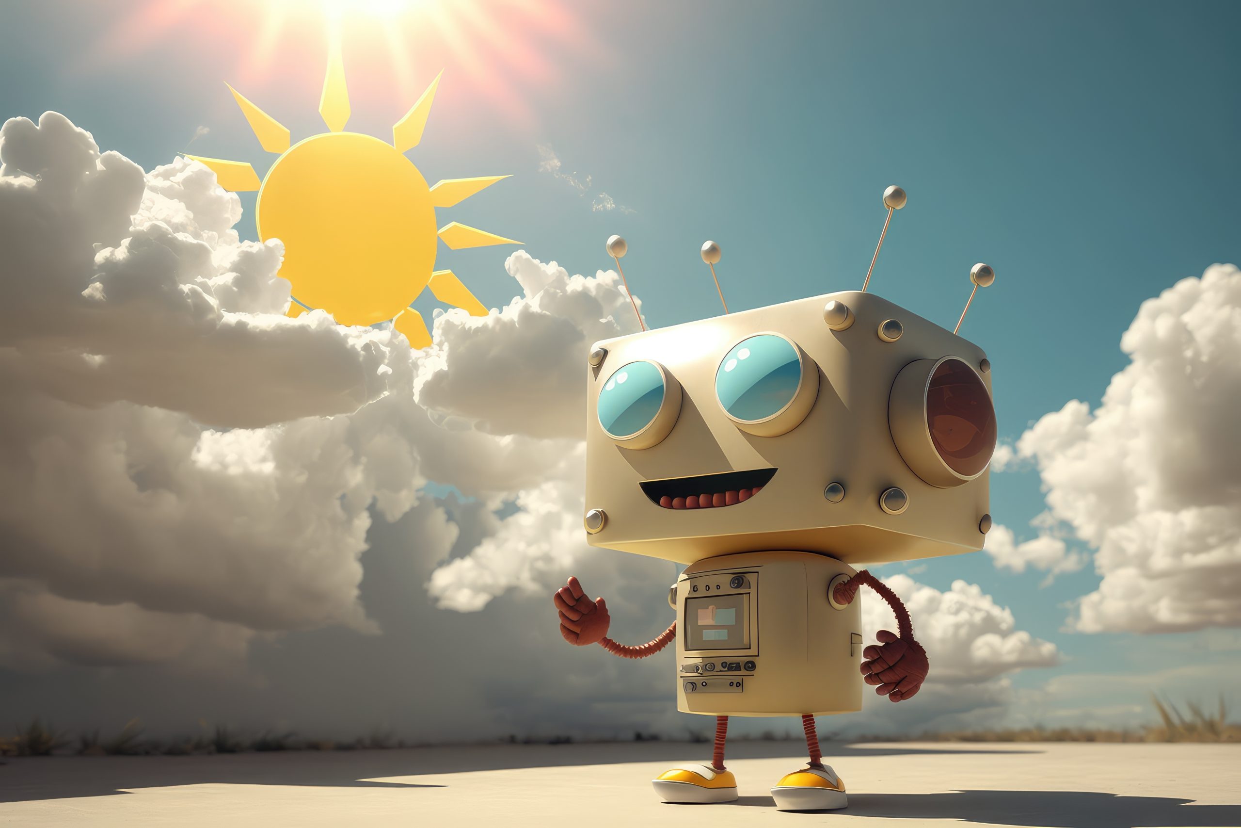 chatbot robot giving the weather forecast, with animated clouds and sun