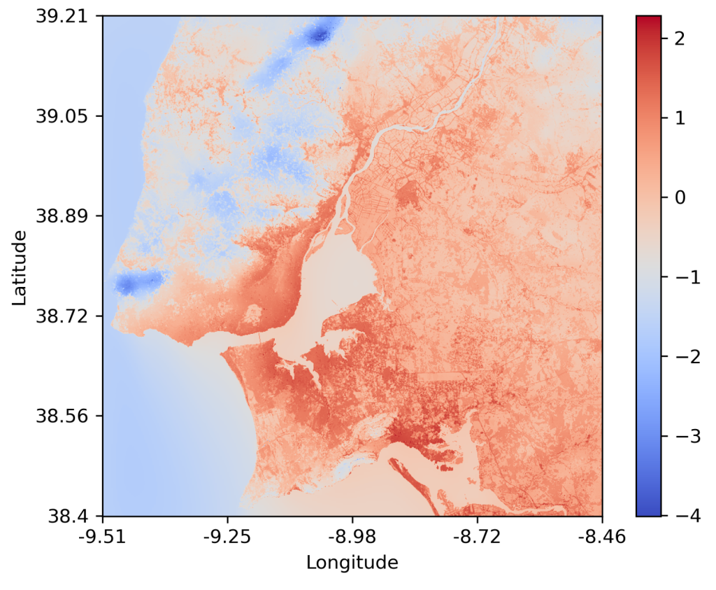 Example output map of the UrbClim model, showing the average Urban Heat Island intensity of the city of Lisbon (Portugal) during the summer months. Source: VITO.