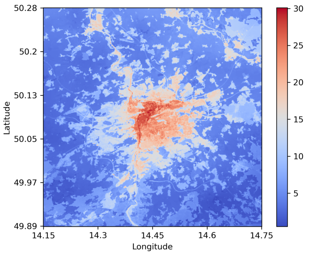 Annual number of tropical nights, defined as nights during which the 2m air temperature was always above 20°C, for the city of Prague. Source: VITO.