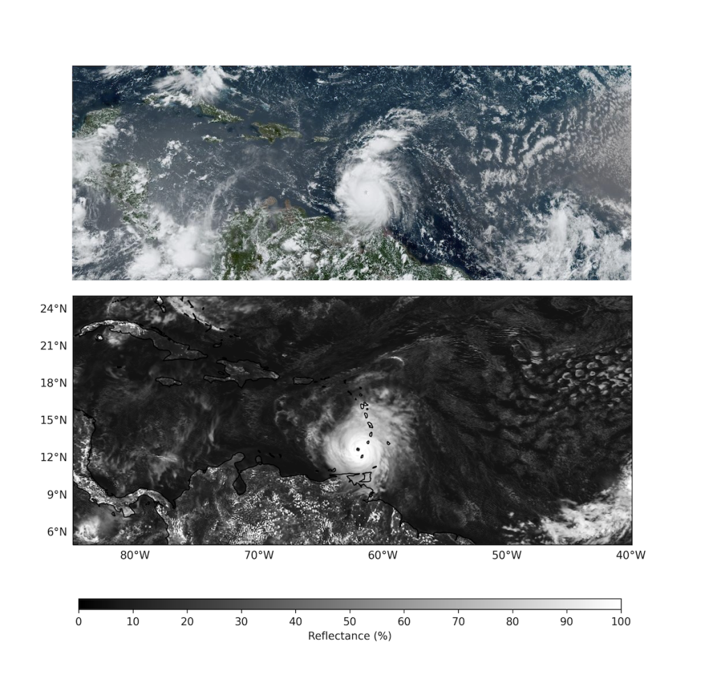 Satellite observations from GOES-16 (top) capture hurricane Beryl travelling westwards, just after it passed Grenada on July 1st at 18 UTC; and ECMWF’s DestinE forecast (bottom)