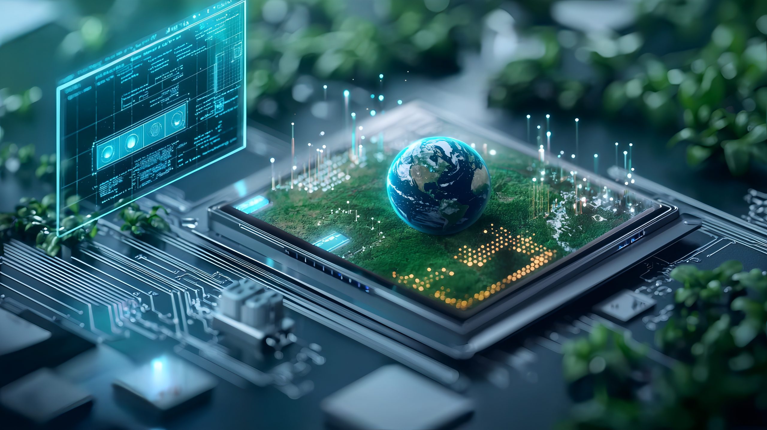 Futuristic scene of quantum computing forecasting climate change impacts with holographic earth models and emission trajectories leaving copy space on the top left. Heng Heng - AI Stock