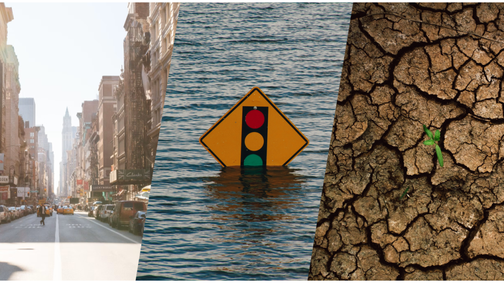 Stock photos of a city, a flood and drought to represent the uses case considered for the quality control concept for Destination Earth's digital twins.